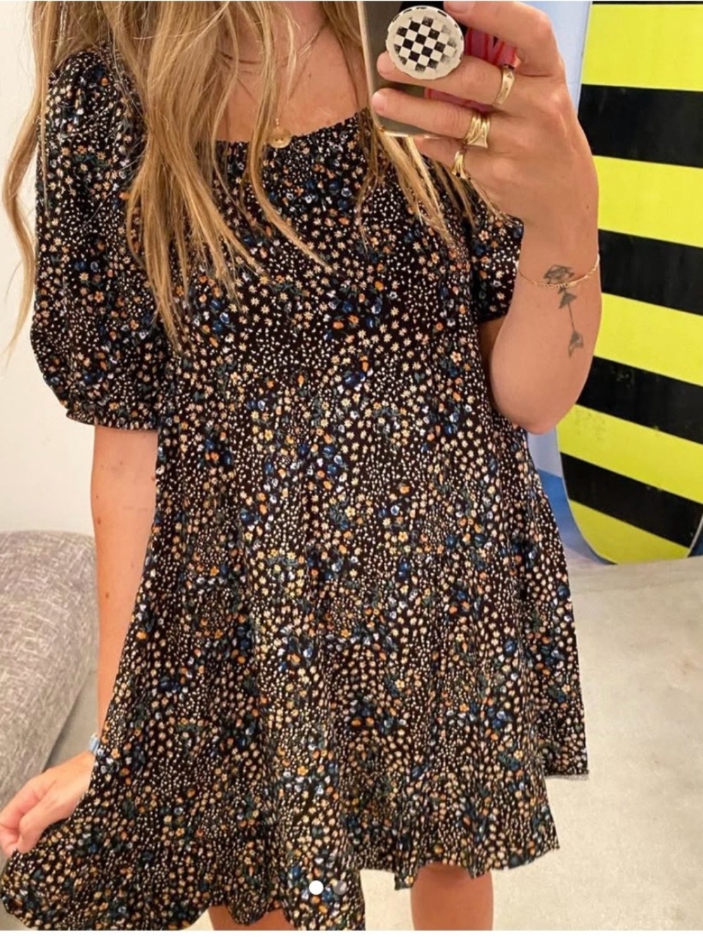 wild fable Black Floral Puff-Sleeve Mini Dress with Blue Accents / BNWOT